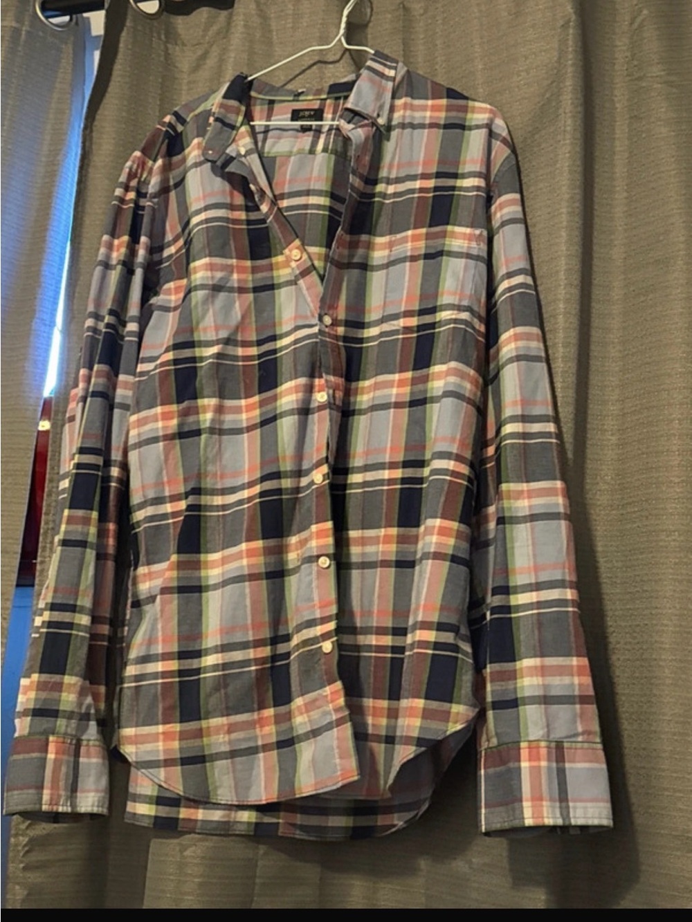 J. Crew Plaid Button-Down Shirt in Navy, Light Blue, and Coral